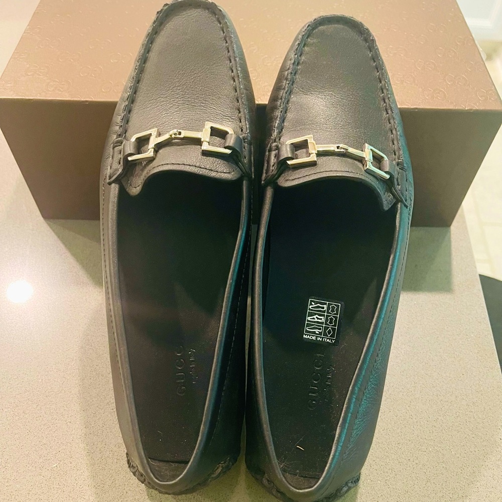 GUCCI Black Leather Silver Horsebit Driver Moccasins - 36.5 - Never Worn!